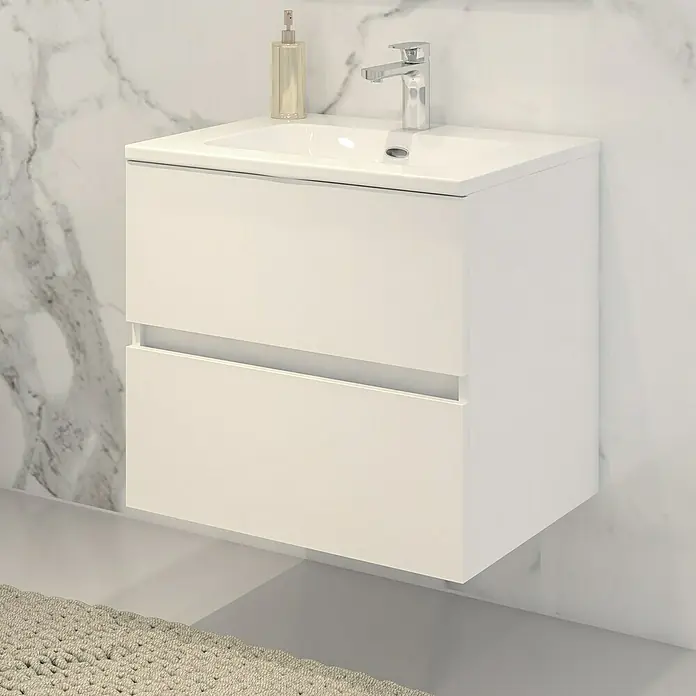 Disbain Conjunto de mueble de baño Vega - Ancho: 60 cm, Blanco, 2 pzs. - Un moderno mueble de baño blanco con dos cajones y un grifo. Perfecto para baños elegantes.