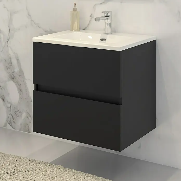 Disbain Conjunto de mueble de baño Vega - Ancho: 60 cm, Negro, 2 pzs. - Elegante mueble de baño color antracita con dos cajones y grifo moderno, ideal para un baño contemporáneo. Ofrece amplio espacio de almacenamiento.
