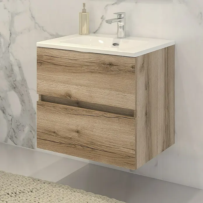 Disbain Conjunto de mueble de baño Vega - Ancho: 60 cm, Cognac, 2 pzs. - Imagen de un mueble de lavabo con aspecto de madera con dos cajones, diseño moderno y lavabo sobre encimera.