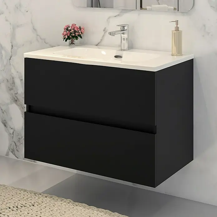 Disbain Conjunto de mueble de baño Vega - Ancho: 80 cm, Negro, 2 pzs. - Elegante lavabo de baño de pared con dos cajones en negro moderno y una encimera blanca.