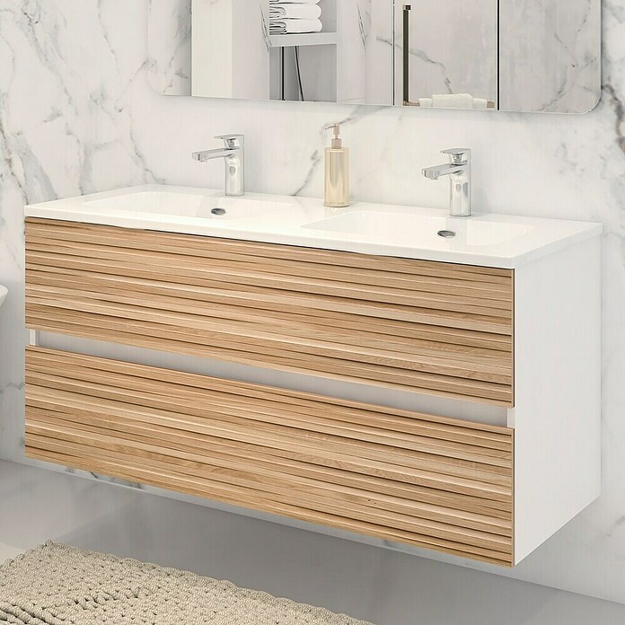 Disbain Conjunto de mueble de baño Vega (Ancho: 120 cm, Blanco/Bambú, 2 pzs.) | BAUHAUS