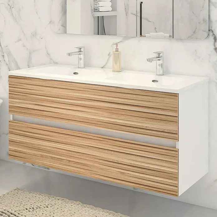 Disbain Conjunto de mueble de baño Vega - Ancho: 120 cm, Blanco/Bambú, 2 pzs. - Un mueble de baño flotante con dos cajones y lavabos, adornado con detalles de madera clara que crea un ambiente elegante en el baño.