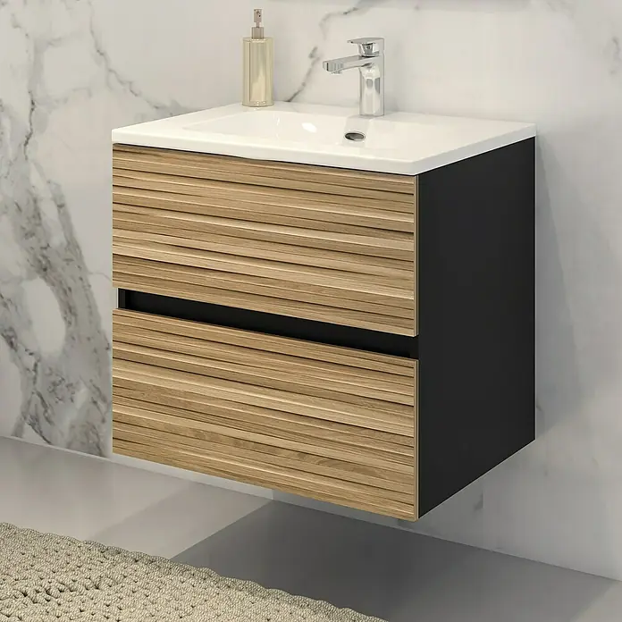 Disbain Conjunto de mueble de baño Vega - Ancho: 60 cm, Negro/Bambú, 2 pzs. - Un moderno mueble de baño con dos cajones y un lavabo sobre encimera blanco.
