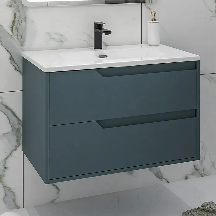 Disbain Conjunto de mueble de baño Casiopea - Ancho: 80 cm, Azul Manhattan, Mate - Baño moderno con mueble de lavabo azul petróleo oscuro con dos cajones, lavabo blanco y elegante grifo negro.