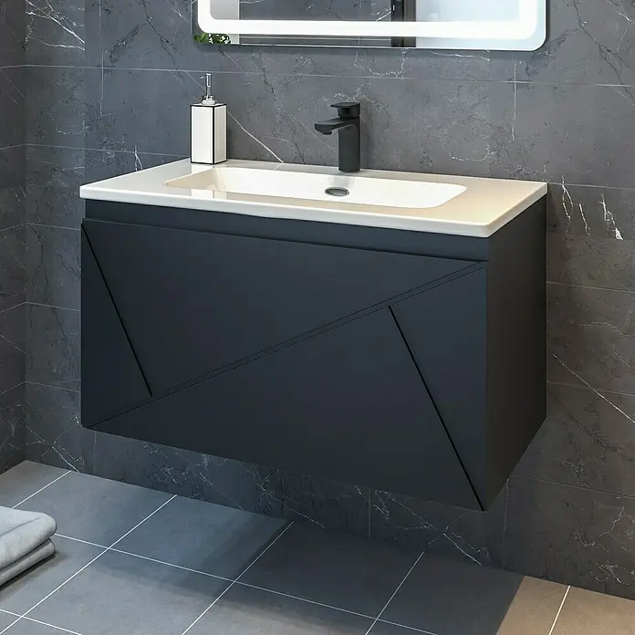 Disbain Conjunto de mueble de baño Lira - Ancho: 80 cm, Negro, Mate, 2 pzs. - Un moderno mueble de baño con un diseño geométrico único en azul oscuro, complementado con una encimera blanca.