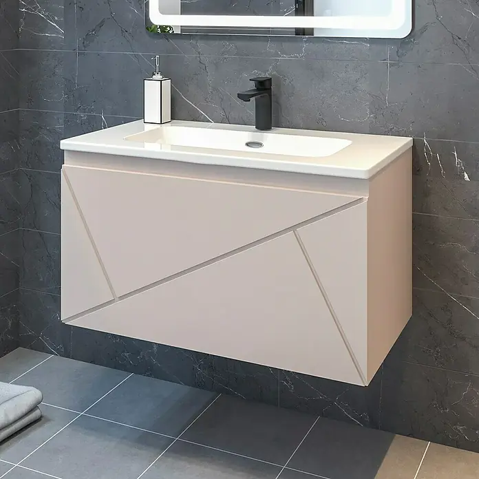 Disbain Conjunto de mueble de baño Lira - Ancho: 80 cm, Maquillaje, Mate, 2 pzs. - Moderno mueble de baño con diseño geométrico en beige y grifo negro sobre fondo de mármol oscuro.