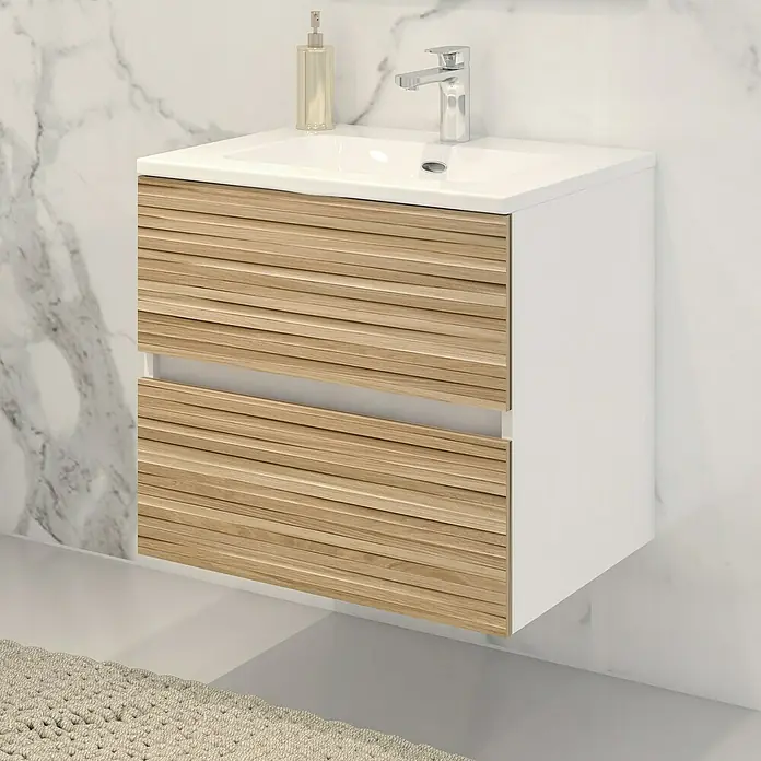 Disbain Conjunto de mueble de baño Vega - Ancho: 60 cm, Blanco/Bambú, 2 pzs. - Baño moderno con mueble de lavabo blanco y dos cajones de madera.