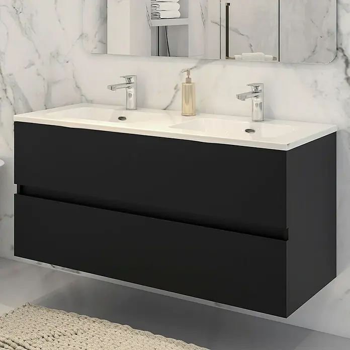 Disbain Conjunto de mueble de baño Vega - Ancho: 120 cm, Negro, 2 pzs. - Elegante tocador doble de pared con armario negro y dos cajones, ideal para baños modernos.