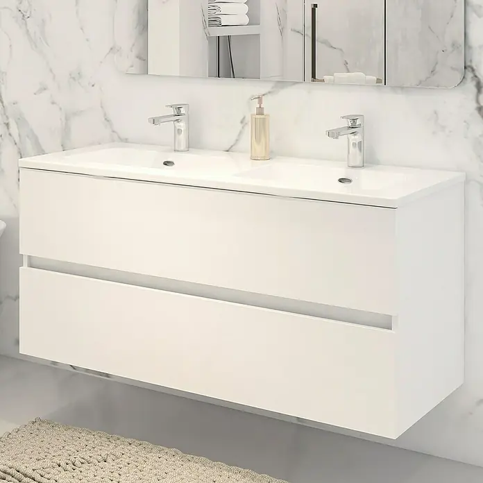 Disbain Conjunto de mueble de baño Vega - Ancho: 120 cm, Blanco, 2 pzs. - Elegante lavabo doble con mueble blanco y dos cajones, ideal para baños modernos que necesitan almacenamiento.