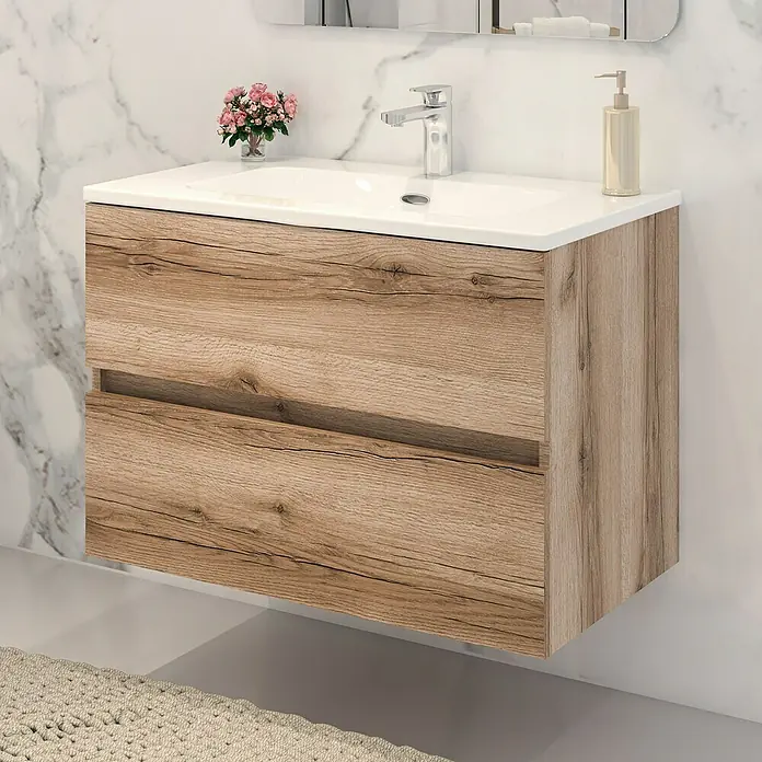 Disbain Conjunto de mueble de baño Vega - Ancho: 80 cm, Cognac, 2 pzs. - Un moderno mueble de baño con dos cajones y una encimera blanca, ideal para cualquier baño.