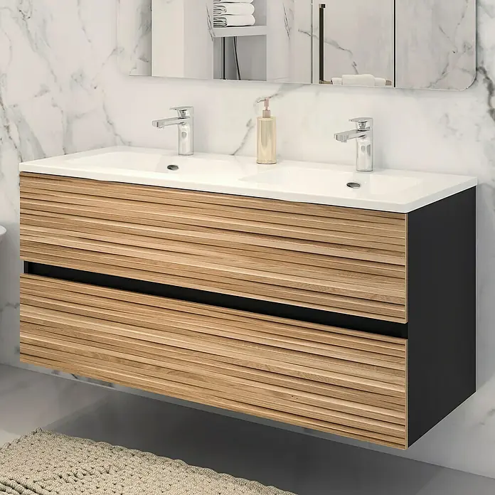 Disbain Conjunto de mueble de baño Vega - Ancho: 120 cm, Negro/Bambú, 2 pzs. - Un tocador doble moderno con frente de madera y laterales negros. El tocador cuenta con dos lavabos y grifos.