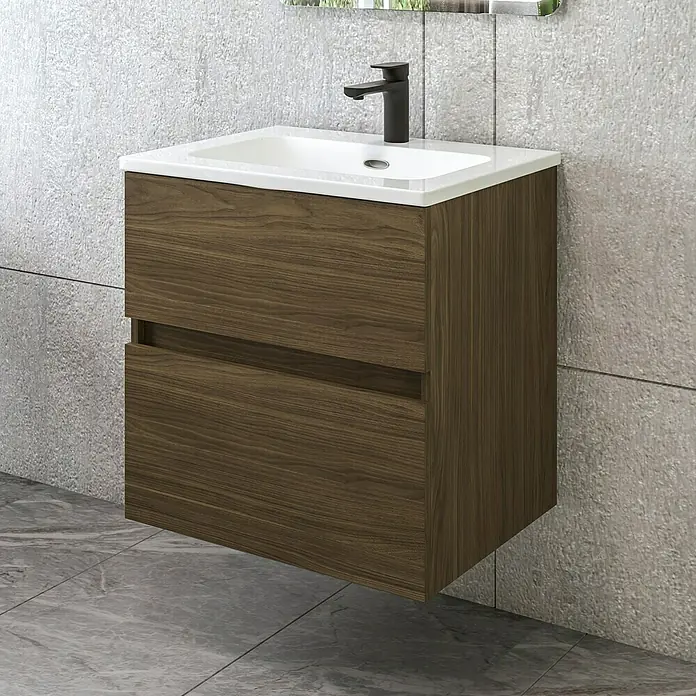 Disbain Conjunto de mueble de baño Kuntur - Ancho: 60 cm, Nogal italiano, Mate - Un moderno mueble de baño con aspecto de madera con dos cajones y un lavabo sobre encimera. Diseño elegante que complementa cualquier baño.