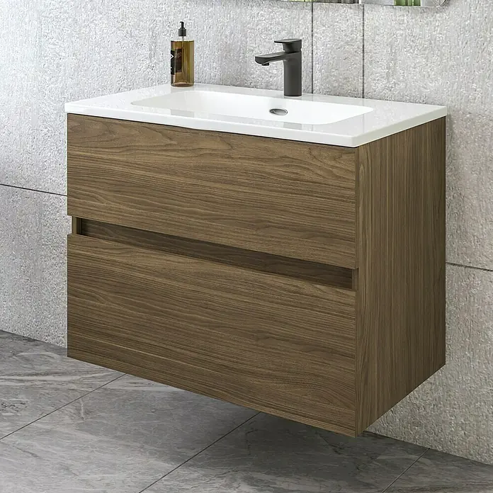 Disbain Conjunto de mueble de baño Kuntur - Ancho: 80 cm, Nogal italiano, Mate - Elegante mueble de baño con lavabo y dos cajones con aspecto de madera, que aporta estilo a cualquier decoración de baño.