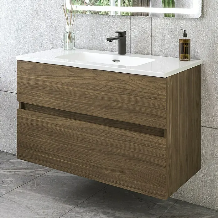 Disbain Conjunto de mueble de baño Kuntur - Ancho: 100 cm, Nogal italiano, Mate - Imagen de un moderno mueble de baño con dos cajones, lavabo sobre encimera blanco y grifo negro en un baño elegante.