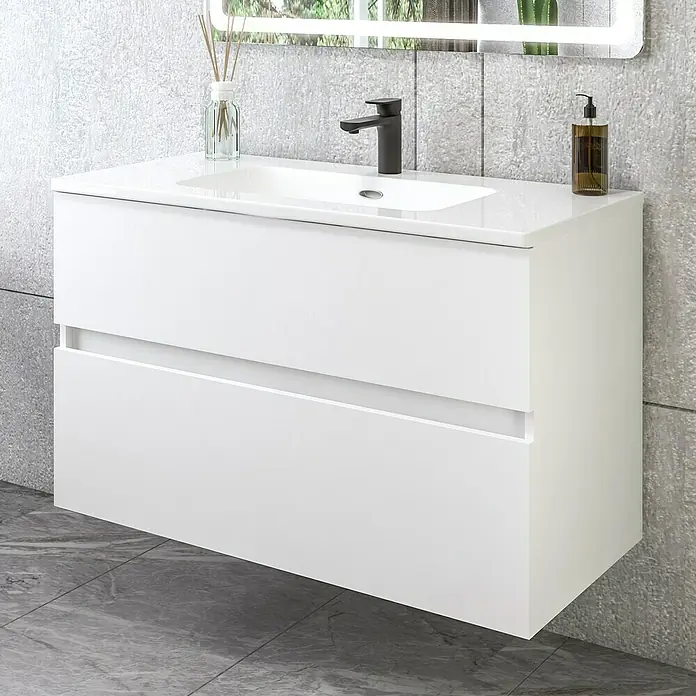 Disbain Conjunto de mueble de baño Kuntur - Ancho: 100 cm, Blanco, Mate - Un moderno mueble de baño blanco con dos cajones y un elegante grifo negro, que combina elegancia y funcionalidad.