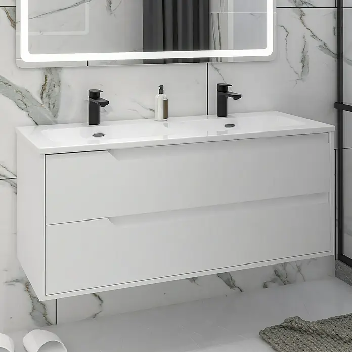 Disbain Conjunto de mueble de baño Casiopea - Ancho: 120 cm, Blanco mate, Mate - Elegante lavabo de baño con dos grifos. El lavabo tiene dos cajones y un diseño moderno.