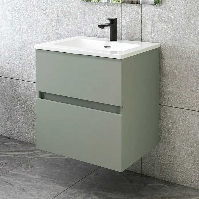 Disbain Conjunto de mueble de baño Kuntur - Ancho: 60 cm, Verde té, Mate - Un moderno mueble de baño verde salvia con dos cajones y un lavabo blanco. Diseño elegante para cualquier baño.