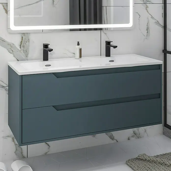 Disbain Conjunto de mueble de baño Casiopea - Ancho: 120 cm, Azul Manhattan, Mate - Mueble de baño moderno con doble lavabo, armario color petróleo oscuro y espejo iluminado para un ambiente elegante.