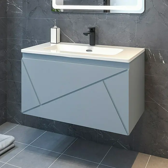 Disbain Conjunto de mueble de baño Lira - Ancho: 80 cm, Azul Soho, Mate, 2 pzs. - Elegante lavabo azul suspendido con un diseño moderno y grifo negro, que añade un toque de estilo a cualquier baño.