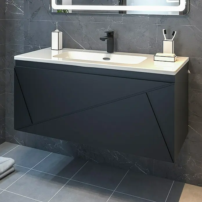 Disbain Conjunto de mueble de baño Lira - Ancho: 100 cm, Negro, Mate, 2 pzs. - Mueble de baño moderno con un elegante armario en azul oscuro y un diseño minimalista para un ambiente elegante y funcional.