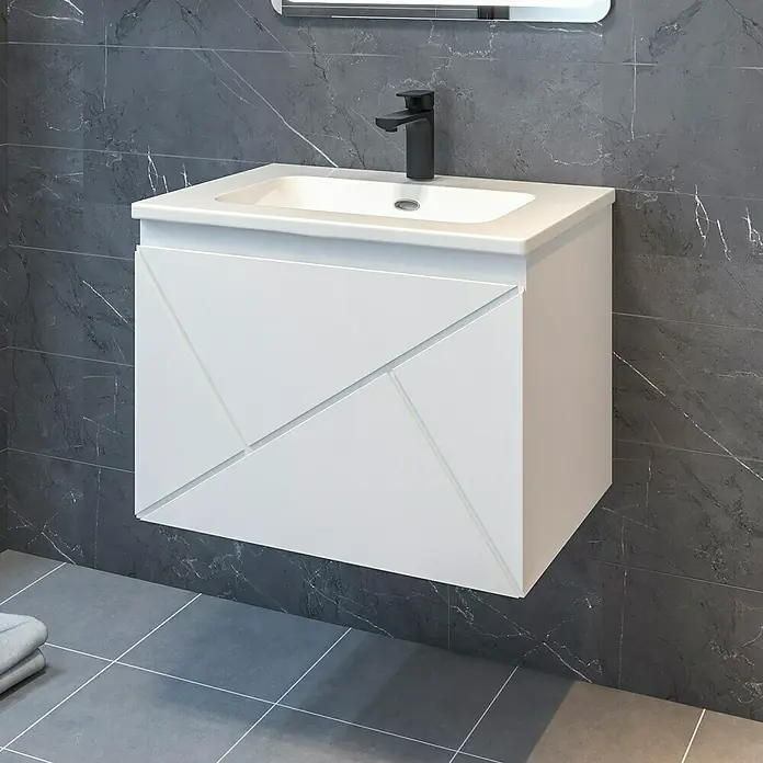 Disbain Conjunto de mueble de baño Lira - Ancho: 60 cm, Blanco, Mate, 2 pzs. - Moderno lavabo de baño con mueble blanco y grifo negro frente a una pared de mármol gris.