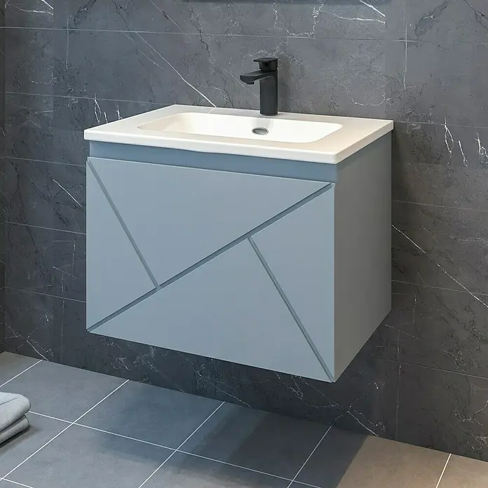 Disbain Conjunto de mueble de baño Lira - Ancho: 60 cm, Azul Soho, Mate, 2 pzs. - Lavabo de baño moderno con mueble azul y grifo negro sobre mármol oscuro. Diseño de baño elegante y accesorios contemporáneos.