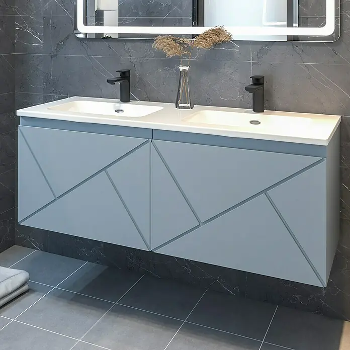 Disbain Conjunto de mueble de baño Lira - Ancho: 120 cm, Azul Soho, Mate, 2 pzs. - Baño moderno con tocador azul claro, lavabo doble y espejo iluminado. Diseño elegante para un espacio de baño elegante.