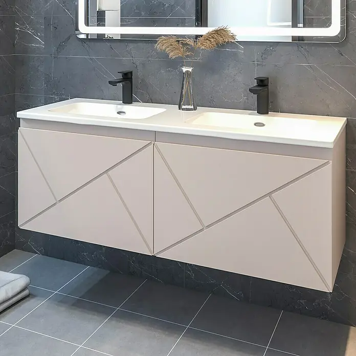 Disbain Conjunto de mueble de baño Lira - Ancho: 120 cm, Maquillaje, Mate, 2 pzs. - Moderno baño con mueble de doble lavabo en beige claro y grifería negra. Diseño elegante para baños contemporáneos.
