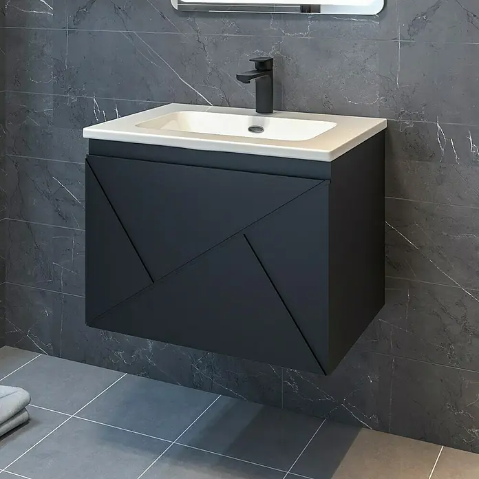 Disbain Conjunto de mueble de baño Lira - Ancho: 60 cm, Negro, Mate, 2 pzs. - Lavabo de baño moderno con mueble de color oscuro y diseño geométrico.