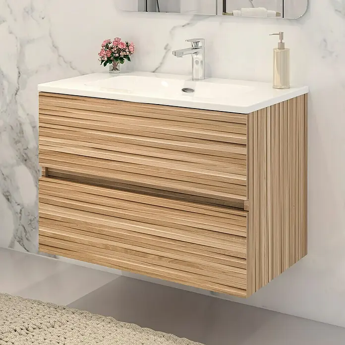 Disbain Conjunto de mueble de baño Vega - Ancho: 80 cm, Bambú, 2 pzs. - Un moderno mueble de baño de madera con dos cajones y lavabo blanco.