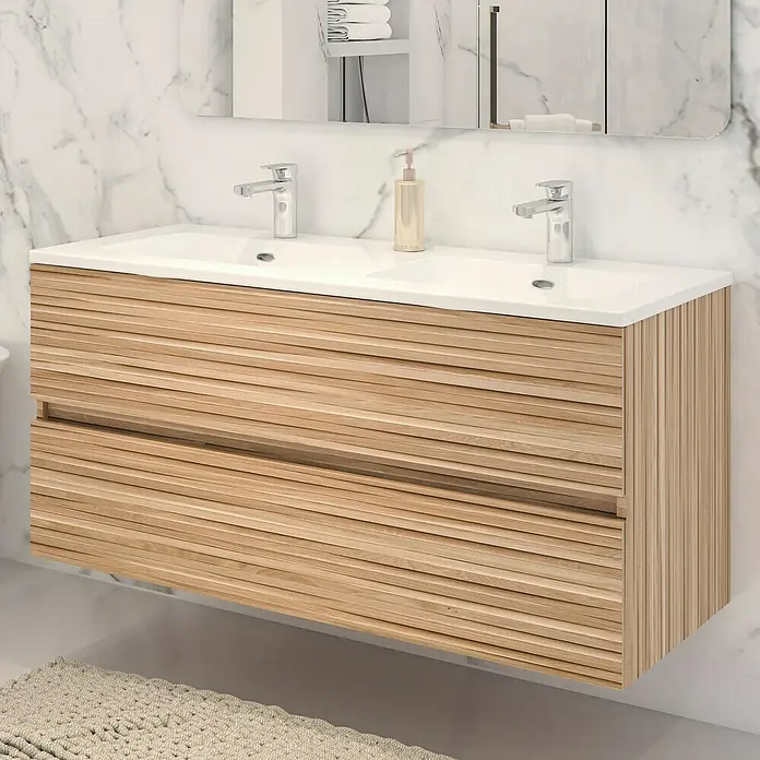 Disbain Conjunto de mueble de baño Vega - Ancho: 120 cm, Bambú, 2 pzs. - Baño moderno con mueble de lavabo con dos cajones y lavabo sobre encimera.