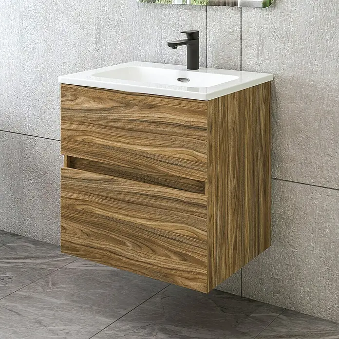 Disbain Conjunto de mueble de baño Kuntur - Ancho: 60 cm, Palisandro, Mate - Mueble de lavabo de madera montado en la pared con un lavabo blanco y un grifo negro. El mueble de baño tiene dos cajones.