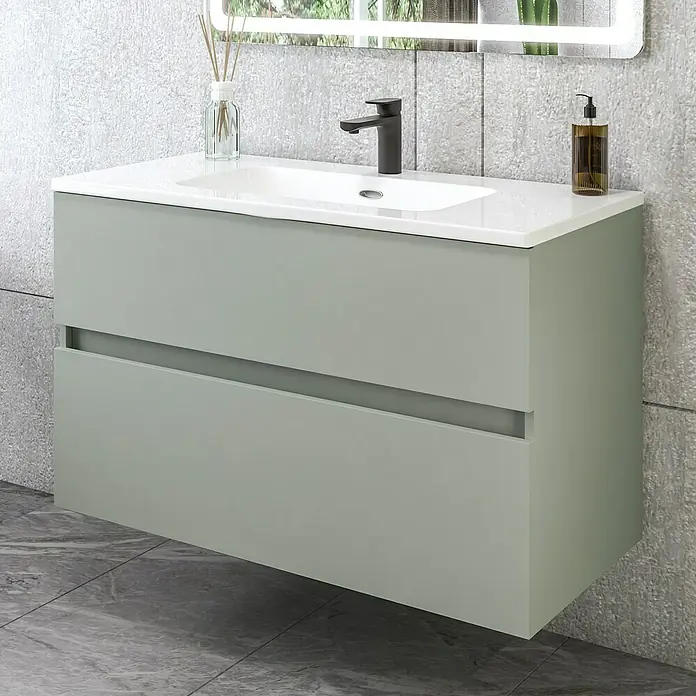 Disbain Conjunto de mueble de baño Kuntur - Ancho: 100 cm, Verde té, Mate - Mueble de baño gris con lavabo y grifo. El moderno mueble de baño ofrece espacio de almacenamiento y un aspecto elegante.