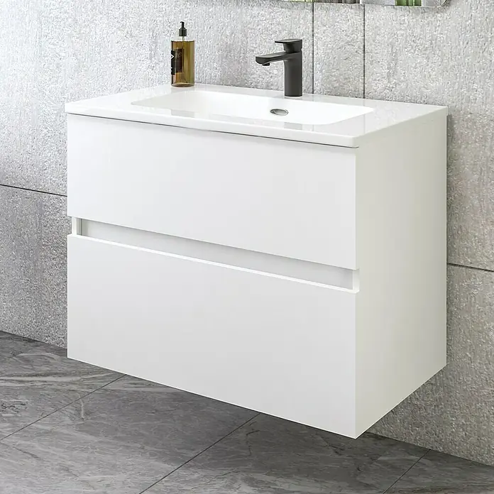 Disbain Conjunto de mueble de baño Kuntur - Ancho: 80 cm, Blanco, Mate - Un moderno mueble de baño blanco con dos cajones, un grifo y un frasco de jabón en un lavabo elegante.