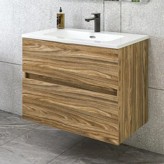 Disbain Conjunto de mueble de baño Kuntur - Ancho: 80 cm, Palisandro, Mate - Elegante conjunto de mueble de lavabo con aspecto de madera con lavabo blanco y grifo. Mueble de baño elegante para baños modernos.