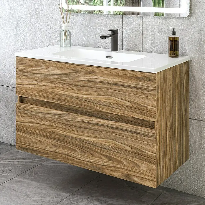 Disbain Conjunto de mueble de baño Kuntur - Ancho: 100 cm, Palisandro, Mate - Mueble de lavabo de madera con encimera blanca y grifo. Ideal para un baño moderno.