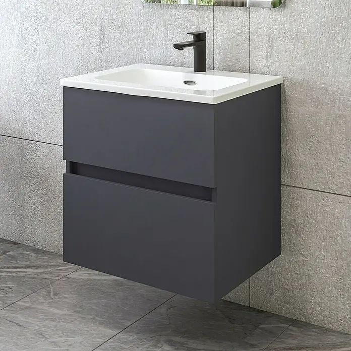 Disbain Conjunto de mueble de baño Kuntur - Ancho: 60 cm, Azul noche, Mate - Mueble de baño flotante con lavabo y dos cajones. Mueble de baño moderno en gris con grifo.