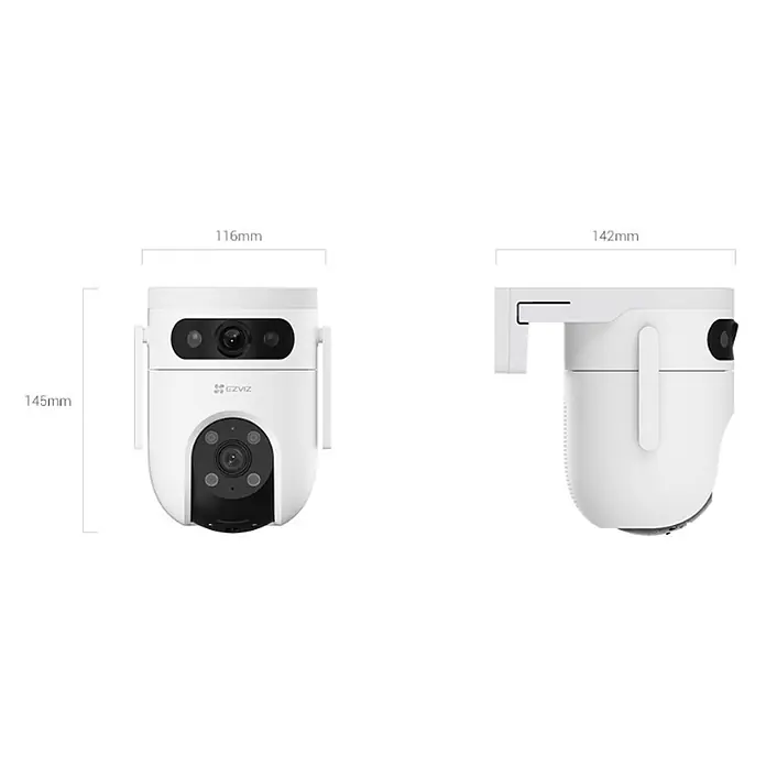EZVIZ Überwachungskamera H9C 3MP - Weiß, Erfassungswinkel: 350 °, Erfassungsreichweite: 30 m - Weiße EZVIZ Überwachungskamera in Vorder- und Seitenansicht mit Maßen: 116mm B, 145mm H, 142mm T.
