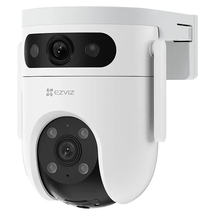 EZVIZ Überwachungskamera H9C 3MP - Weiß, Erfassungswinkel: 350 °, Erfassungsreichweite: 30 m - Weiße und schwarze EZVIZ PTZ-Überwachungskamera mit Doppellinsen und Infrarotlichtern, an einer Wandhalterung montiert.