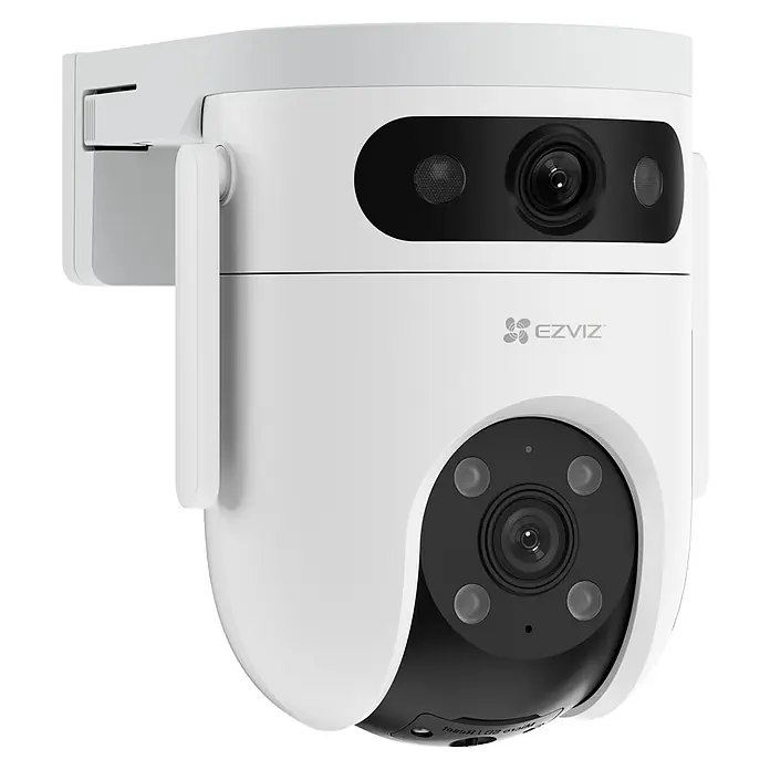 EZVIZ Überwachungskamera H9C 3MP - Weiß, Erfassungswinkel: 350 °, Erfassungsreichweite: 30 m - Weiße und schwarze EZVIZ Überwachungskamera mit Antenne, mehreren Objektiven und Sensoren, an einer Wandhalterung montiert.