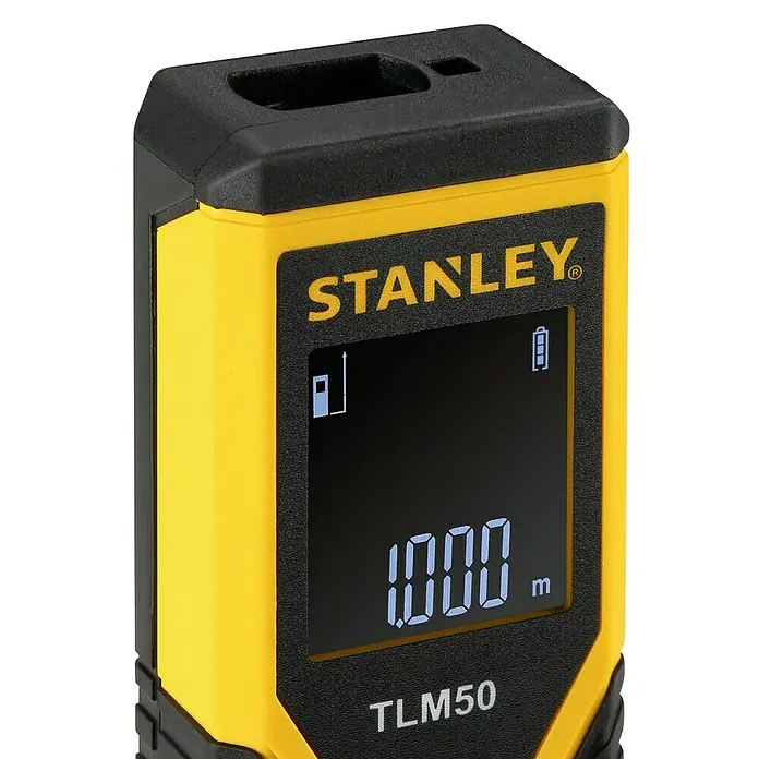 Stanley Medidor de distancia láser TLM50 - Gama de medición: 0,15 m - 15 m - Primer plano de un medidor láser de distancia amarillo Stanley TLM50 con pantalla LCD.