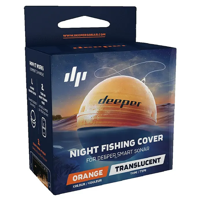 Deeper Abdeckung Night Fishing Cover - Passend für: Deeper Fishfinder PRO & CHIRP-Serie - Produktverpackung für eine orangefarbene, durchscheinende Nachtfischabdeckung für das Deeper Smart Sonar.