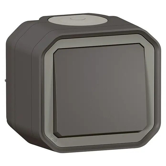 Legrand Feuchtraum-Wechselschalter Plexo New - Anthrazit, Aufputzmontage, IP55 - Das Bild zeigt einen grauen IP55-Schalter für den Außenbereich, ideal für Umgebungen, die Schutz vor Wasser und Staub erfordern.