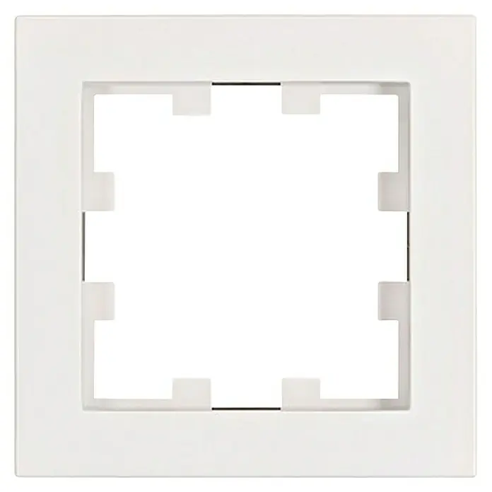 Abdeckrahmen Cubic - Weiß, Kunststoff, Schrauben, 1-fach - Ein weißer, quadratischer Rahmen mit drei horizontalen Öffnungen für elektrische Komponenten oder Schalter.
