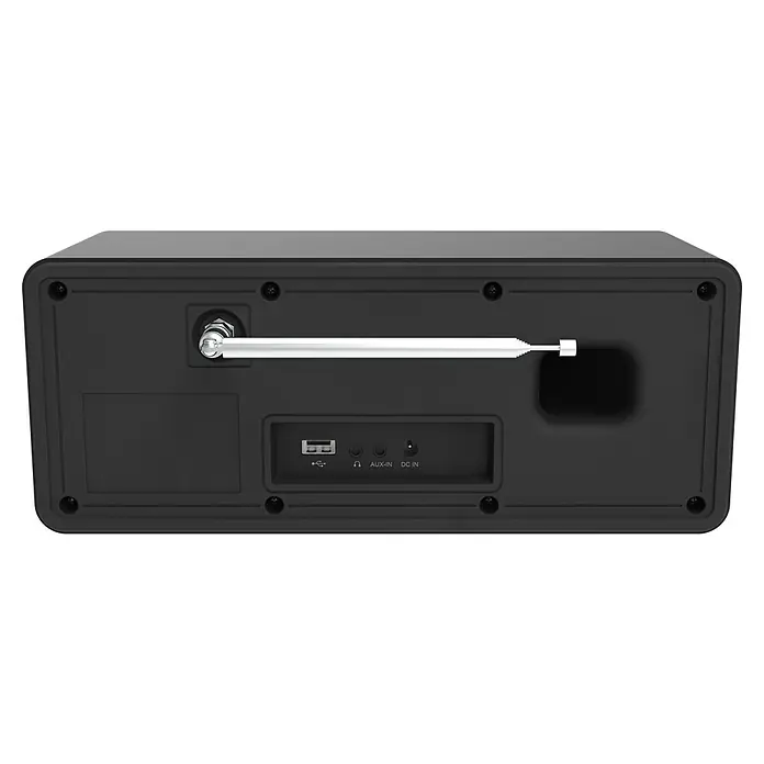 Telestar Internetradio Top 250 - L x B x H: 13 x 27,6 x 11,8 cm, Schwarz - Rückansicht eines schwarzen Radios mit ausziehbarer Antenne, USB-, Aux- und DC-IN-Anschlüssen. Das Produkt ist sauber und modern gestaltet.