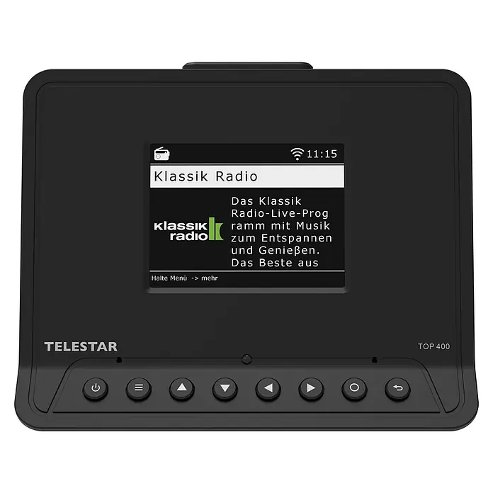 Adapter für HiFi-Anlagen - L x B x H: 11 x 15 x 11 cm - Das Bild zeigt ein schwarzes Telestar Radio mit dem Sender Klassik Radio auf dem Display, inklusive Bedienelementen und Logos.