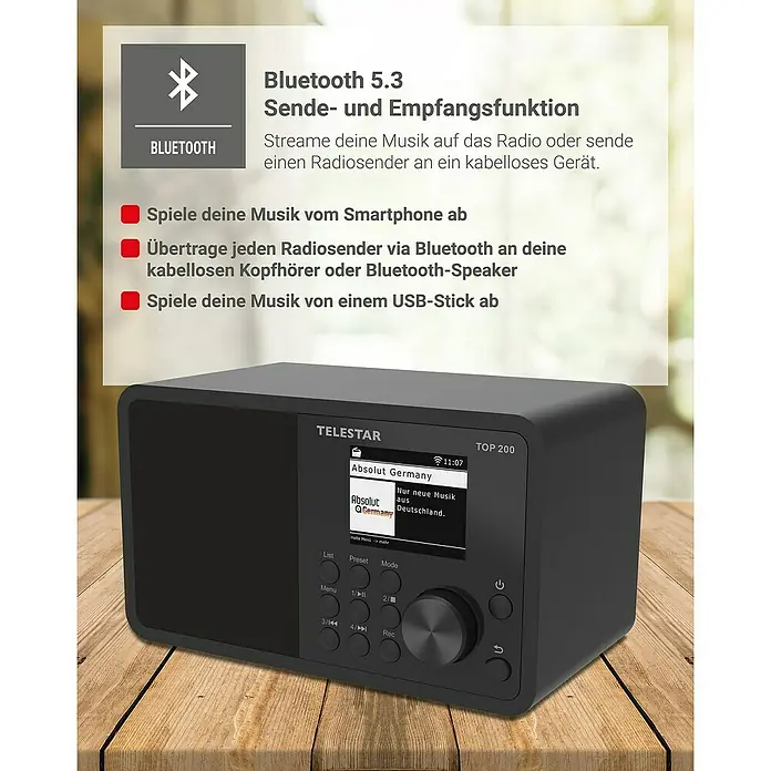 Telestar Internetradio Top 200 - L x B x H: 13 x 19,1 x 11,8 cm, Schwarz - Das Telestar TOP 200 Radio mit Bluetooth 5.3, Smartphone- und USB-Stick-Wiedergabe für ein vielseitiges Musikerlebnis.