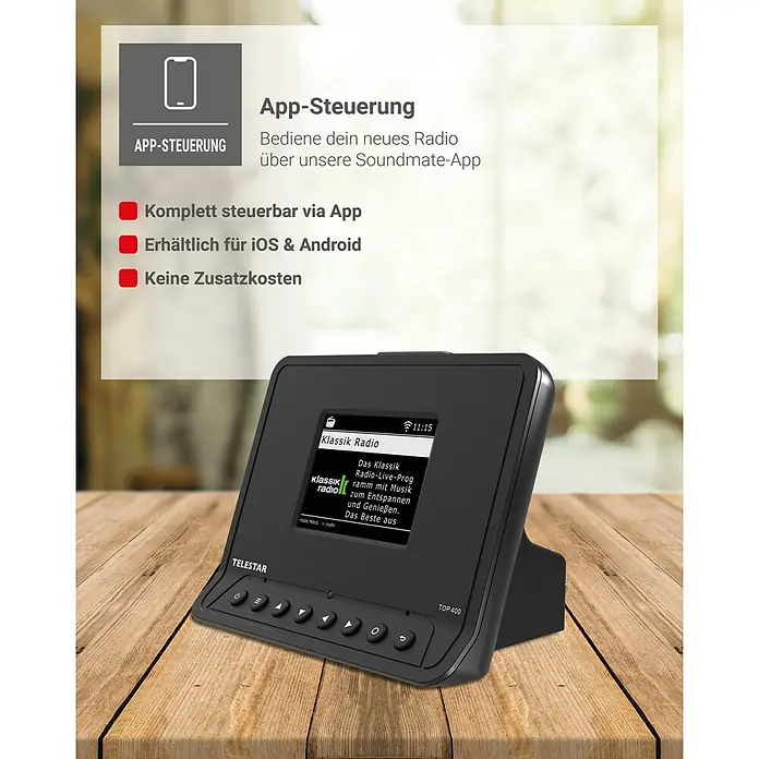 Adapter für HiFi-Anlagen - L x B x H: 11 x 15 x 11 cm - Produktbild eines Telestar TOP 400 Radios, das App-Steuerung, iOS- und Android-Kompatibilität sowie keine Zusatzkosten bietet.