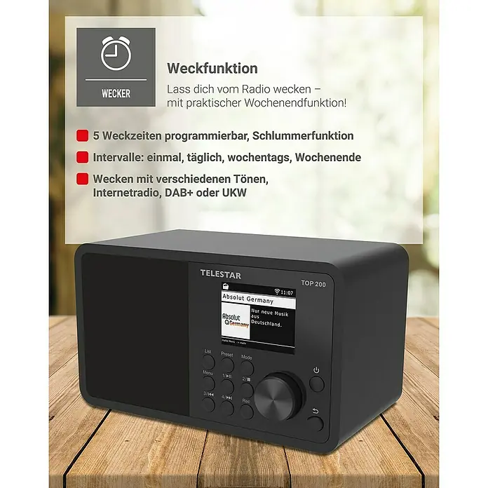 Telestar Internetradio Top 200 - L x B x H: 13 x 19,1 x 11,8 cm, Schwarz - Das Telestar TOP 200 Radio mit Weckfunktion, programmierbaren Weckzeiten und Schlummerfunktion für einen guten Start in den Tag.