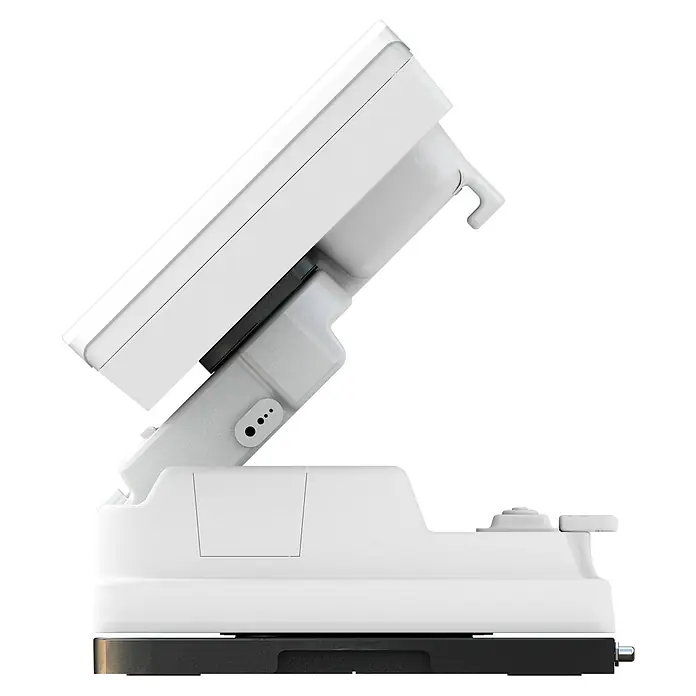 Selfsat Satelliten-Antenne Snipe 5 - L x B x H: 515 x 355 x 201 mm - Seitenansicht eines weißen Kassensystems mit geneigtem Bildschirm auf schwarzem Sockel.